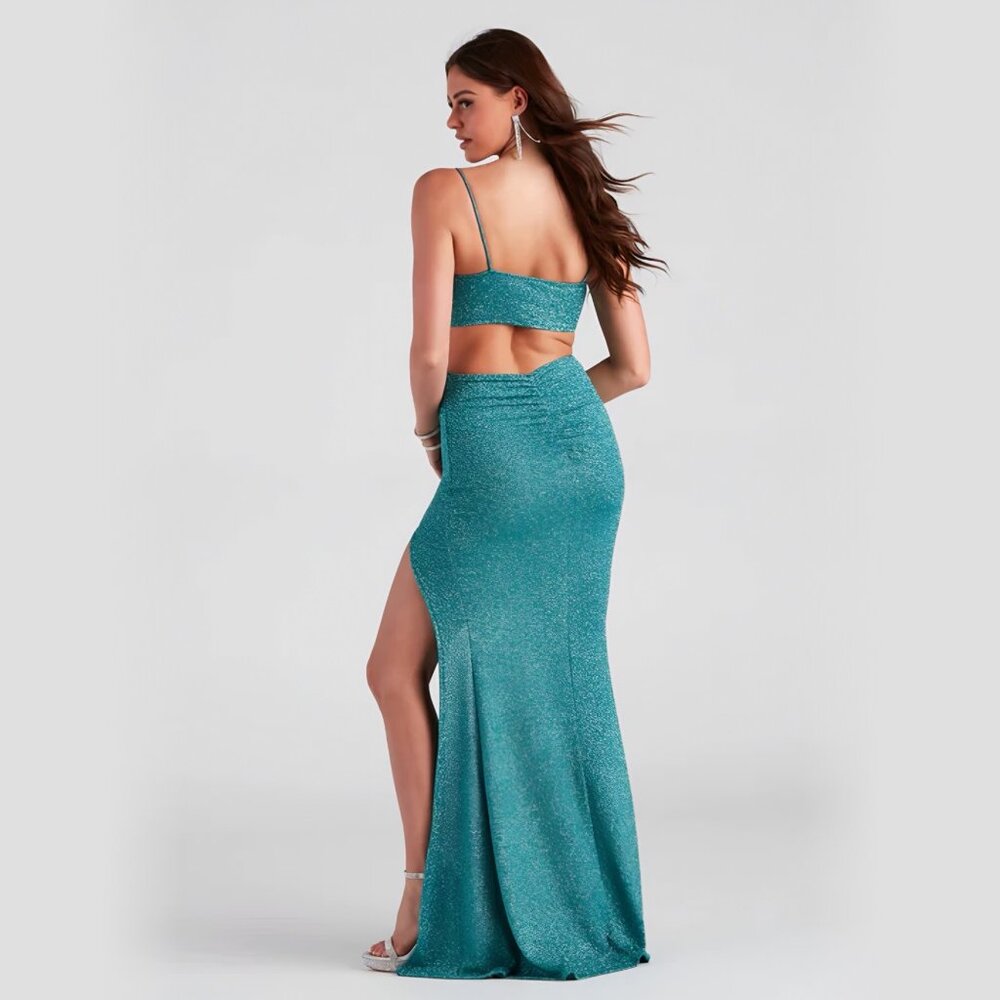Windsor ✦ Victoria Formal Glitter Gown ✦ Teal Sparkle Side Slit Cut-Outs L NWT - Picture 3 of 4